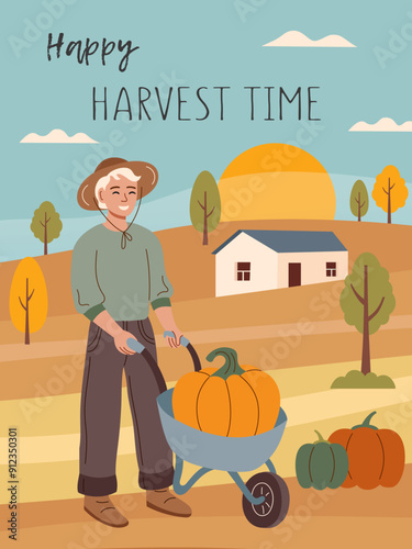 Harvest festival card . Happy harvest poster. Autumn, harvest and Thanksgiving concept. Man with cart with big pumpkin.