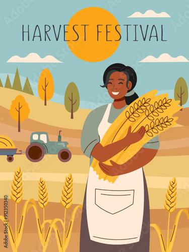 Harvest festival card. Happy harvest poster. Autumn, harvest and Thanksgiving concept. Bread concept. Woman with wheat in the background of the field.