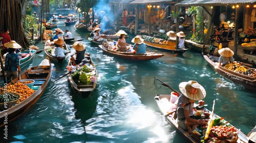 A floating market where vendors sell food on boats.