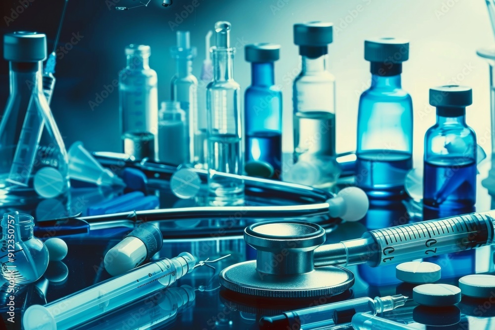 Medical Instruments and Vials on Table with Blue Color Theme and Futuristic Style Medical Instruments and Vials on Table with Blue Color Theme and Futuristic Style