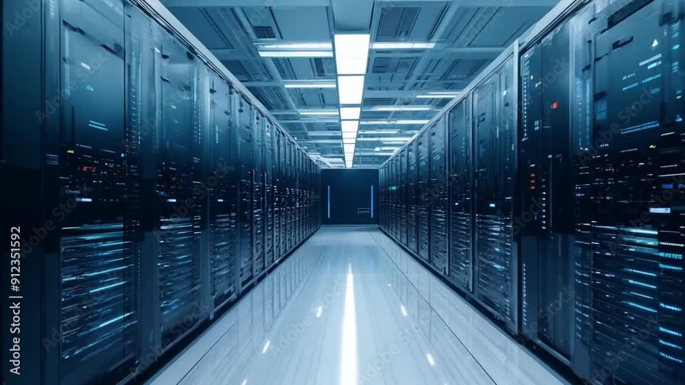 A spacious corridor of a data center showcases rows of servers bathed in cool fluorescent lighting. A spacious corridor of a data center showcases rows of servers bathed in cool fluorescent lighting.