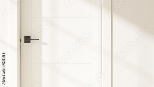 Close up of cream white door with black knob lever handle bar in sunlight from window on wall for interior design decoration, product background 3D