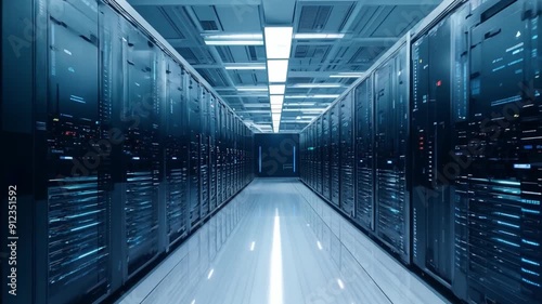A spacious corridor of a data center showcases rows of servers bathed in cool fluorescent lighting.