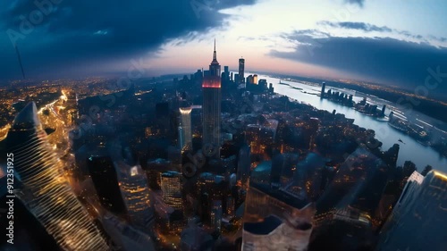 Stunning Aerial Drone View of Megalopolis Skyline at Sunset, High-Rise Buildings Illuminated, Urban Cityscape, Vibrant Evening Lights, Metropolitan Panorama, Modern Architecture, Dynamic City Life