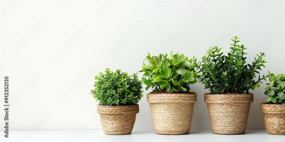Potted plants with green foliage for a home decor motif displayed on white backdrop with text replacements, Generative AI. Potted plants with green foliage for a home decor motif displayed on white backdrop with text replacements, Generative AI.