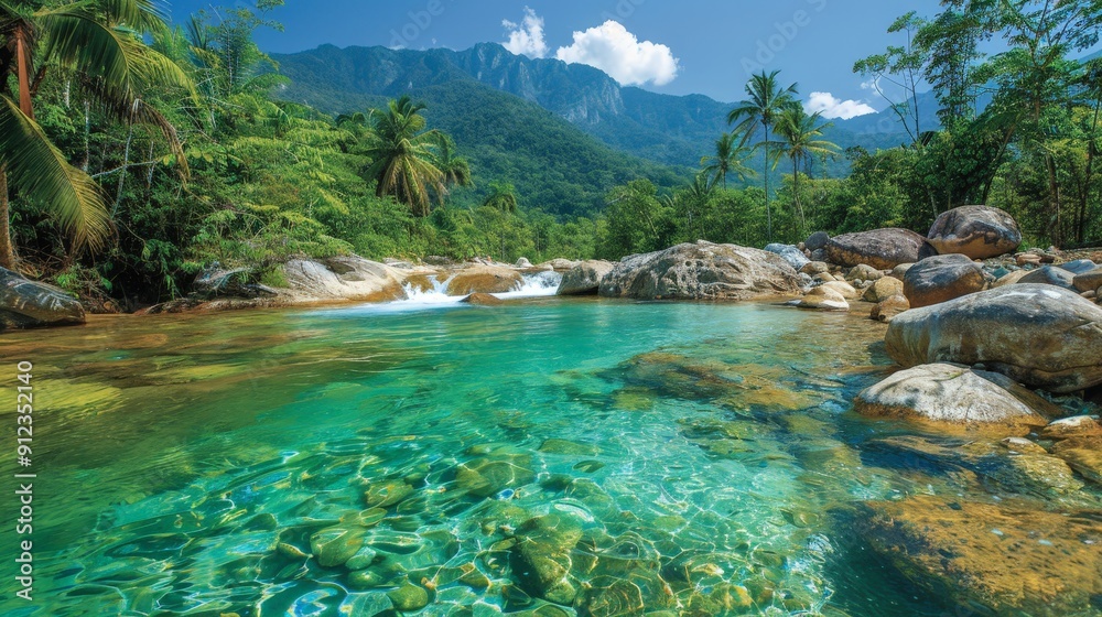 Majestic waterfall cascading into a clear pool surrounded by lush vegetation Majestic waterfall cascading into a clear pool surrounded by lush vegetation