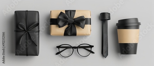 Black tie, black specs, black present case with string and black coffee mug all organised from an upright perspective flanked with blank space, Generative AI.