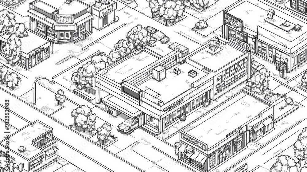 Fototapeta premium Intricate map of a village gas station, designed in a coloring book style with black and white lines.
