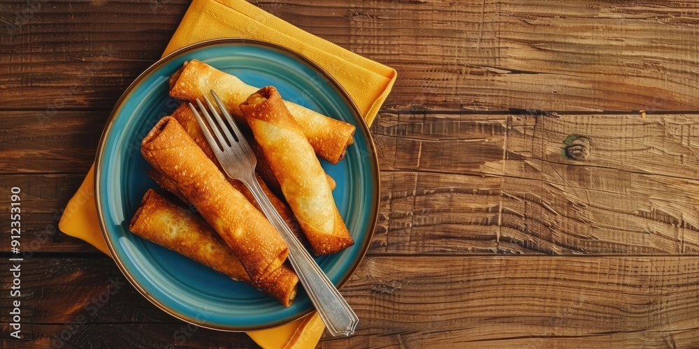 Top view of fork on a folded yellow napkin fried pancake rolls in a blue glass plate on a wooden table Top view of fork on a folded yellow napkin fried pancake rolls in a blue glass plate on a wooden table
