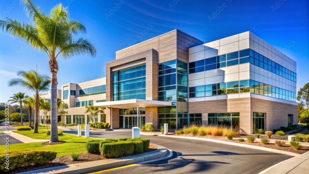 Modern medical facility exterior with prominent signage displaying hospital name and logo, situated in a sunny and well-manicured landscape in San Diego, California. Modern medical facility exterior with prominent signage displaying hospital name and logo, situated in a sunny and well-manicured landscape in San Diego, California.