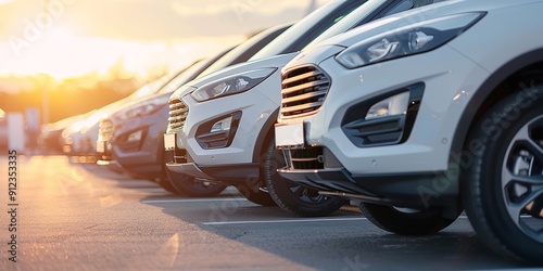 An extensive auto showroom supply site with an array of SUVs for sale organised in tidy rows over a vibrant backdrop of void space, Generative AI.