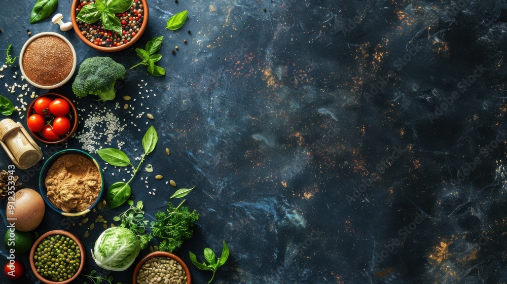 World Vegan Day. Vegetables, herbs and spices on a stone background. Tomatoes, basil, pepper, lettuce. Horizontal banner. Free space for text. Healthy Food. World Vegetarian Day World Vegan Day. Vegetables, herbs and spices on a stone background. Tomatoes, basil, pepper, lettuce. Horizontal banner. Free space for text. Healthy Food. World Vegetarian Day