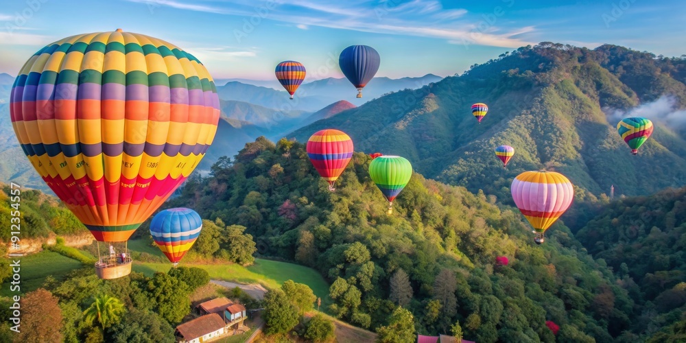 Fototapeta premium Colorful hot air balloons flying over mountains at Doi Inthanon in Chiang Mai, Thailand, hot air balloons, colorful