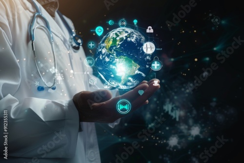 A futuristic representation of the world of medical technology, featuring hands holding the Earth surrounded by various health symbols, enhanced by digital design elements and glowing light effects th