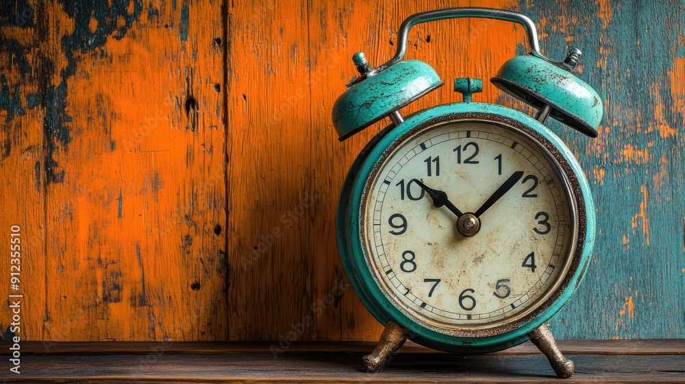 A green alarm clock with a white face sits on a wooden table. A green alarm clock with a white face sits on a wooden table.