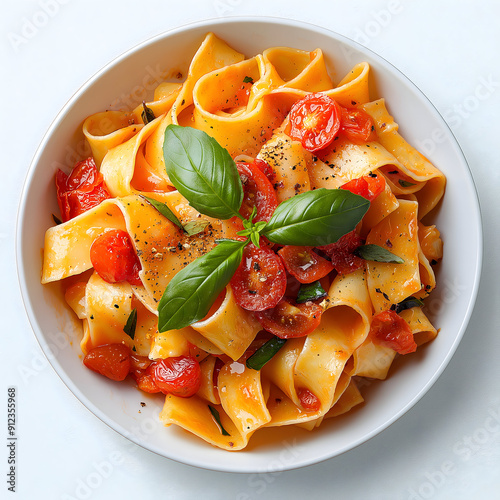 Pappardelle with tomato sauce, Italian cuisine, vintage style, rich and textured, isolated on white background