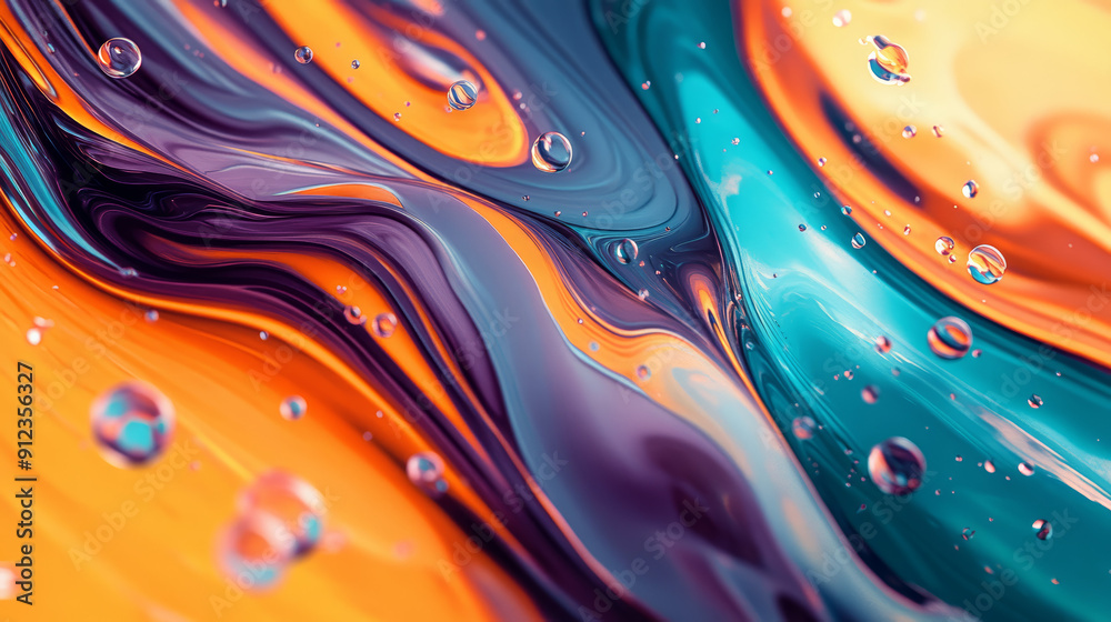vibrant, abstract, digital art, fluid, wave-like structures, bright colors, contrasting colors, orange, teal, purple, smooth texture, glossy, depth, movement, transparent bubbles, dynamic, energetic, vibrant, abstract, digital art, fluid, wave-like structures, bright colors, contrasting colors, orange, teal, purple, smooth texture, glossy, depth, movement, transparent bubbles, dynamic, energetic,