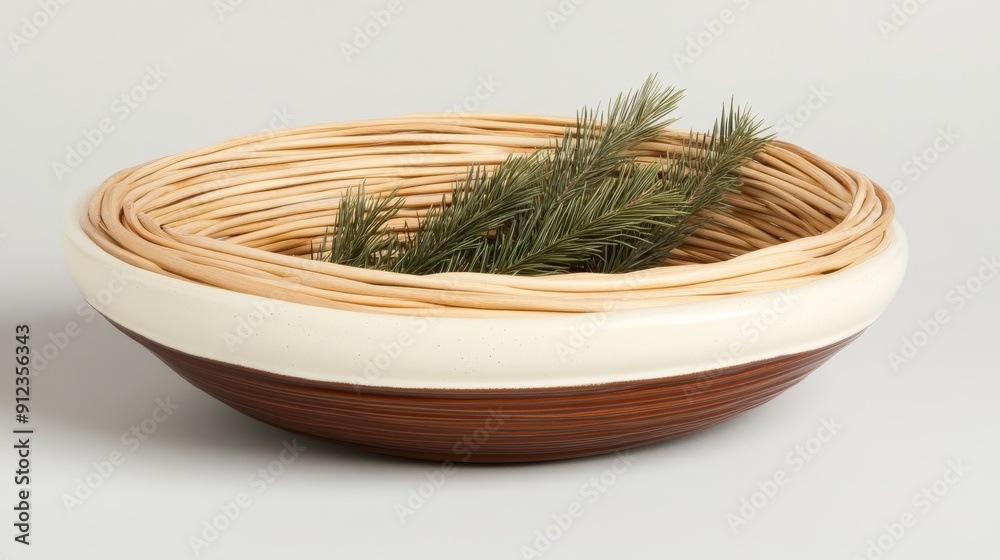 A decorative pine needle basket with a ceramic base--style raw A decorative pine needle basket with a ceramic base--style raw