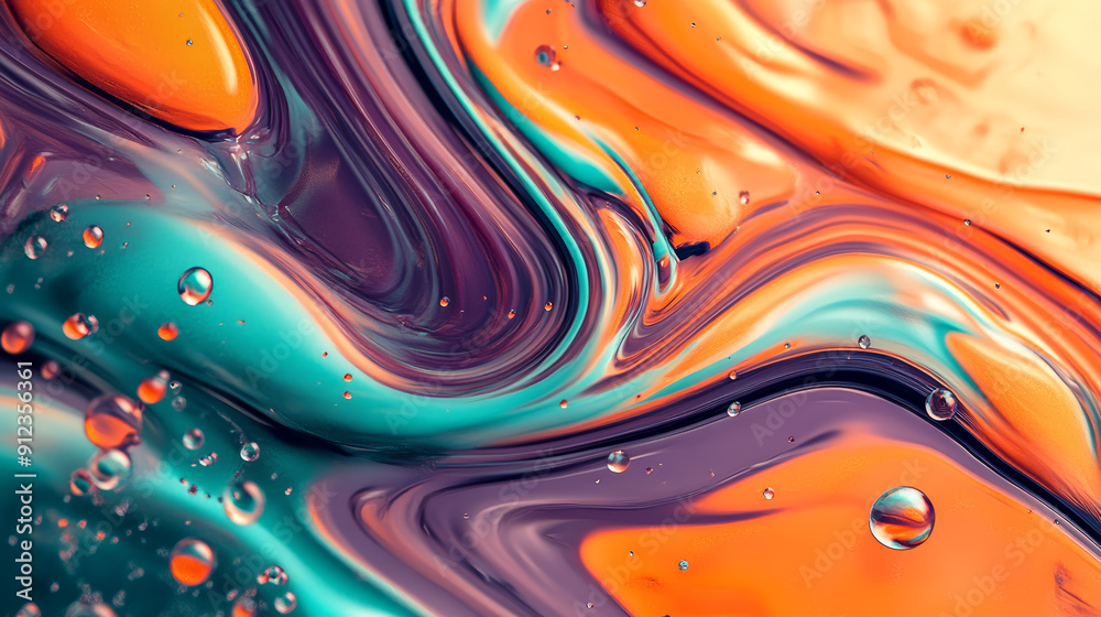 vibrant, abstract, digital art, fluid, wave-like structures, bright colors, contrasting colors, orange, teal, purple, smooth texture, glossy, depth, movement, transparent bubbles, dynamic, energetic, 