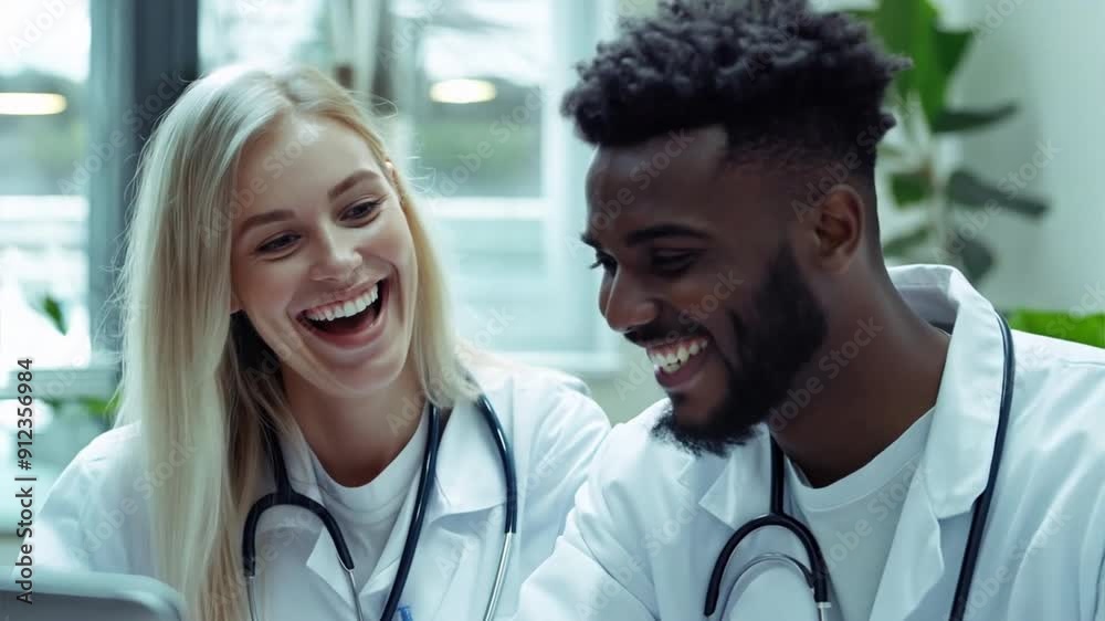 Medical experts, smiling and reviewing data on a laptop, having a constructive conversation. vidio 4k Medical experts, smiling and reviewing data on a laptop, having a constructive conversation. vidio 4k