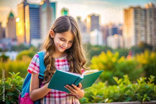 Happy Schoolgirl Reading Book in Urban Park with Backpack