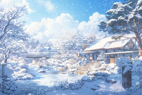 Frosty Paradise: A High-Quality Hand-Drawn Illustration Capturing the Tranquility of a Snowy Environment, Embracing the Season's Charm with Unique and Vivid Anime Style. photo