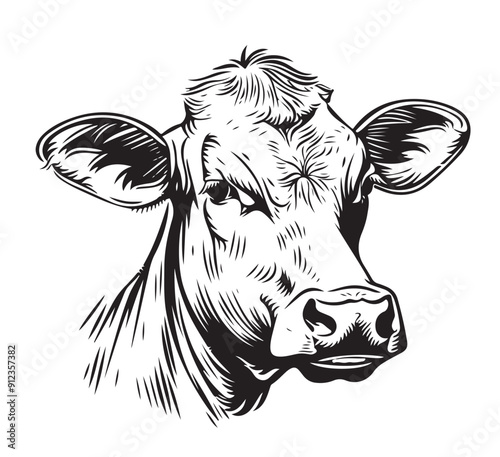 Farm cow head logo sketch hand drawn line art engraving Vector illustration