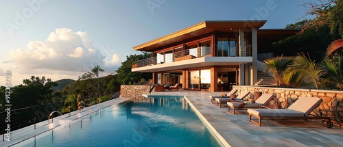 A duplex-style mansion encircled by the natural world and an elegant swimming pool with poolside couches, an extravagant style, Generative AI.