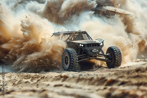 The photograph exhibits an in-depth view of an off-road buggy car causing sand ripples in the desert sandy dunes, Generative AI.