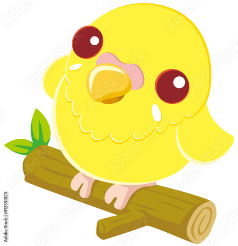 木の枝に乗って見上げる可愛いセキセイインコのベクターイラストアイコン／ルチノー