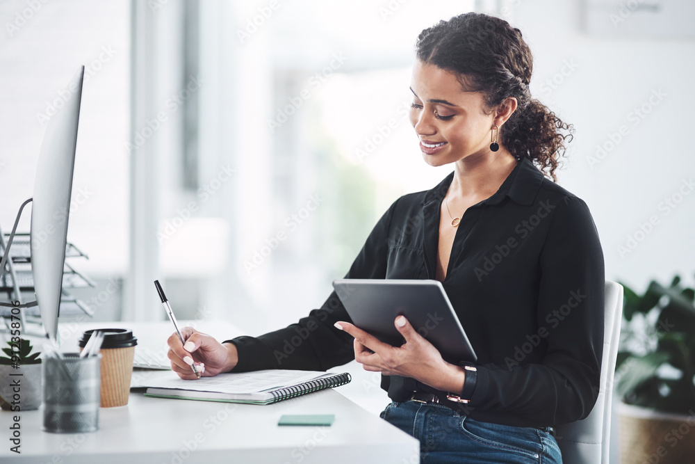 Thinking, business and woman at desk, tablet and writing with feedback, computer and review progress. Person, employee and consultant with research notes for article, problem solving and solution Thinking, business and woman at desk, tablet and writing with feedback, computer and review progress. Person, employee and consultant with research notes for article, problem solving and solution