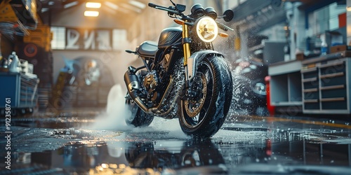 Inside a vehicle service point, an innovative motorcycle is currently being foam-washed with motorcycle parts behind and an obscure backdrop, Generative AI.