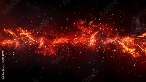 A jet of red fire burns with spreading sparks, creating a dramatic scene on a black dark background. This sharp contrast accentuates the power and warmth of the fire, providing an intense and stunning