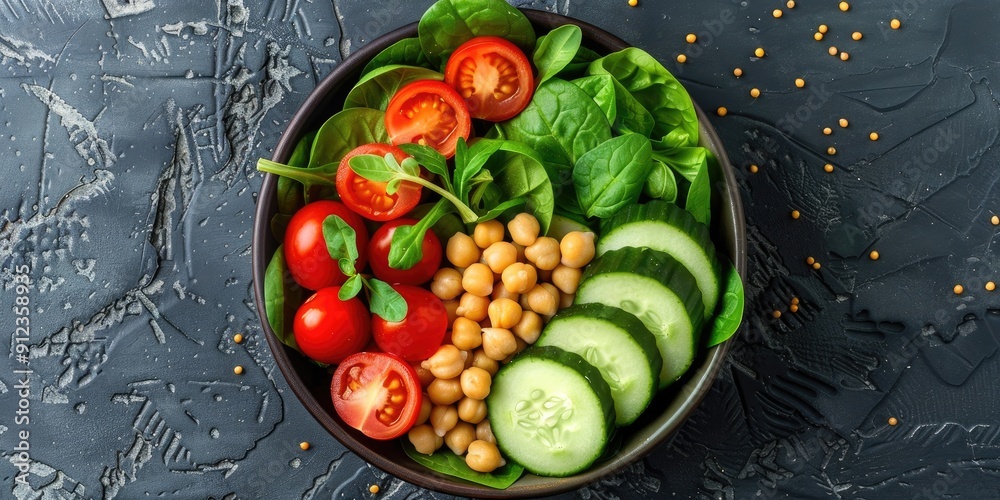 Top view of a salad containing avocado tomato chickpeas spinach and cucumber Top view of a salad containing avocado tomato chickpeas spinach and cucumber