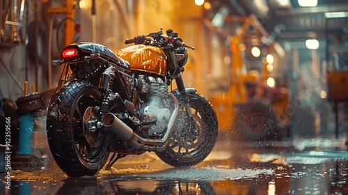 Inside a vehicle service point, an innovative motorcycle is currently being foam-washed with motorcycle parts behind and an obscure backdrop, Generative AI.