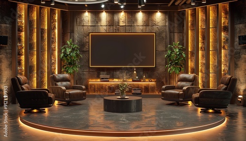 Cosy environment for discussions or podcasting including studio-style lighting and comfy chairs for interviews and blank TV screen, Generative AI.