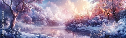 Frosty Paradise: A High-Quality Hand-Drawn Illustration Capturing the Tranquility of a Snowy Environment, Embracing the Season's Charm with Unique and Vivid Anime Style. photo