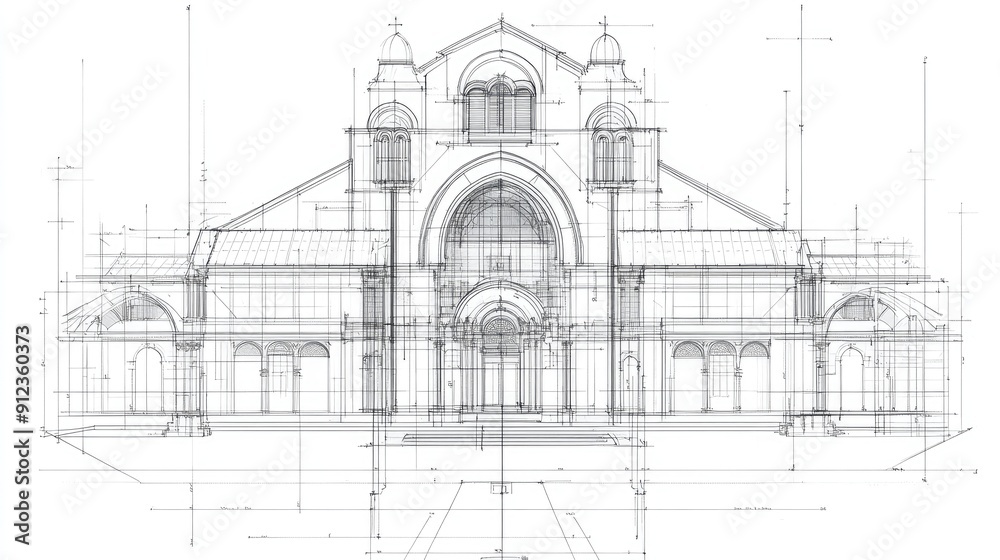 Comprehensive church blueprint with grid lines, detailing walls, floor plan, and roof tile placement. Comprehensive church blueprint with grid lines, detailing walls, floor plan, and roof tile placement.