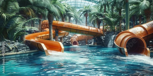 At a tropical-themed indoor water playground, an elite tunnel water slide which curves and turns then drops onto a massive pristine pools, Generative AI.