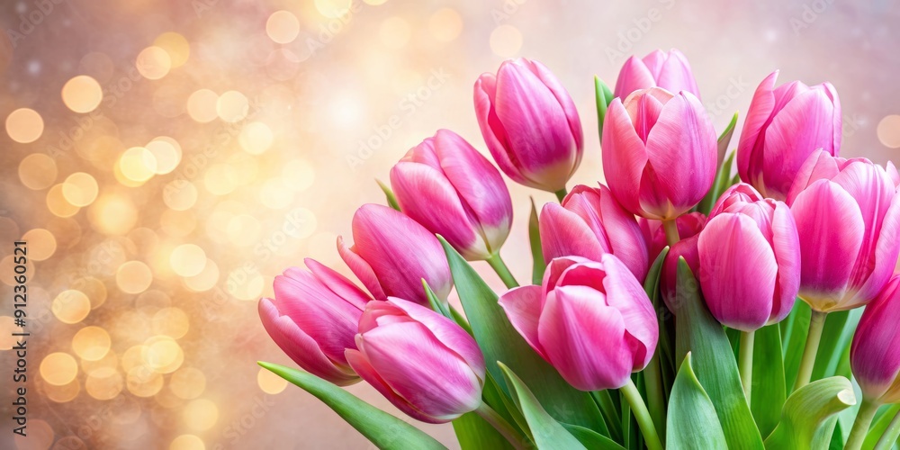 Vibrant pink tulips arranged in a bouquet on a soft pastel background, perfect for celebrating special occasions, with ample copy space for text above. Vibrant pink tulips arranged in a bouquet on a soft pastel background, perfect for celebrating special occasions, with ample copy space for text above.