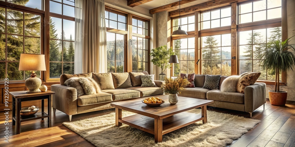 Cosy living room with plush sofa, rustic coffee table, and floor-to-ceiling windows bathing the space in warm, soft, golden natural light and ambiance. Cosy living room with plush sofa, rustic coffee table, and floor-to-ceiling windows bathing the space in warm, soft, golden natural light and ambiance.