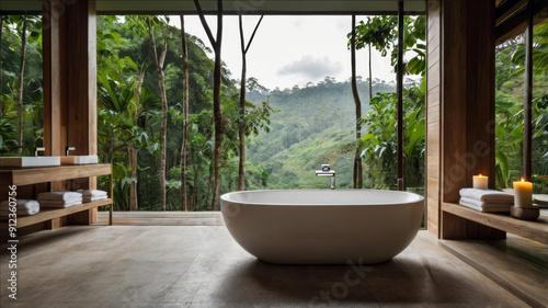 Spa resort tropical bathroom with open view of tropical forest. White ceramic bath. Hotel and travel concept