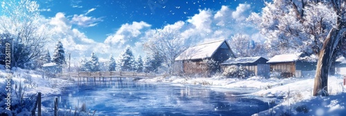 Frosty Paradise: A High-Quality Hand-Drawn Illustration Capturing the Tranquility of a Snowy Environment, Embracing the Season's Charm with Unique and Vivid Anime Style. photo