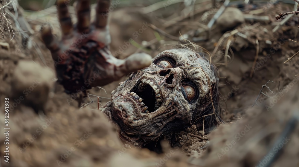 Half-buried zombie clawing out of its grave, Halloween zombie, chilling awakening Half-buried zombie clawing out of its grave, Halloween zombie, chilling awakening