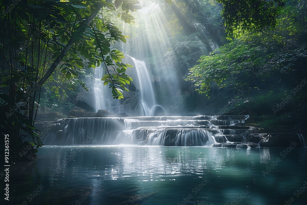 A hidden waterfall in a dense forest, soft light rays filtering through thick canopy, creating shimmering reflections on the water and a serene, mystical ambiance A hidden waterfall in a dense forest, soft light rays filtering through thick canopy, creating shimmering reflections on the water and a serene, mystical ambiance
