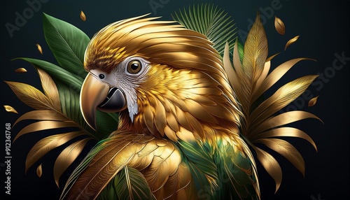 Illustrate a logo of a golden parrot with tropical foliage accents.