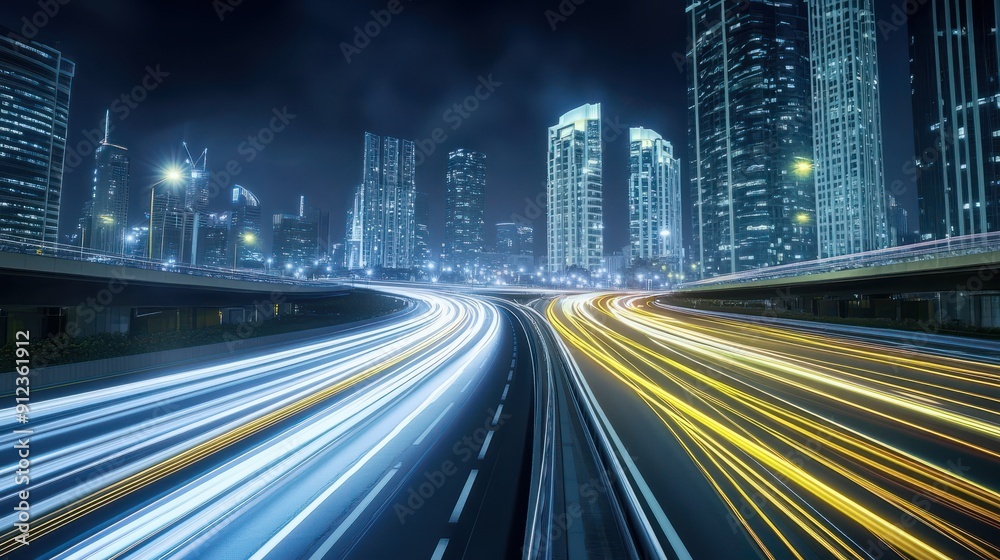 Highway with fast tall buildings in the background, modern cityscape, speed and technology Highway with fast tall buildings in the background, modern cityscape, speed and technology