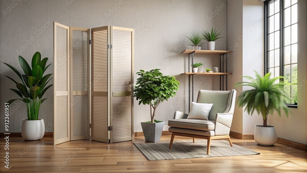 Fototapeta premium Interior of light room with folding screen, armchair and plant