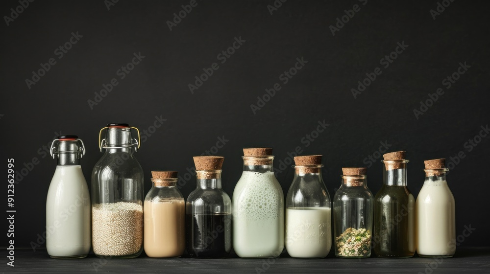 Assortment of Non-Dairy Milk Alternatives in Glass Bottles Assortment of Non-Dairy Milk Alternatives in Glass Bottles
