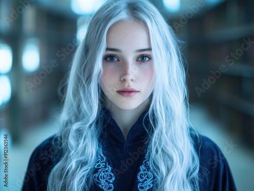 Mysterious woman with striking blue eyes and long, pale hair